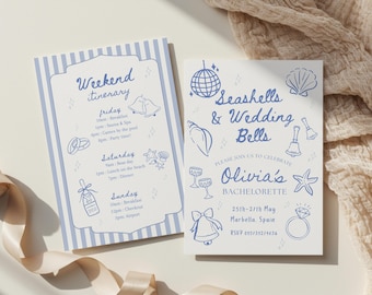 Seashells And Wedding Bells Bachelorette Weekend Invite and Itinerary, Beach Bach Party, Coastal Hen Party, Hand Drawn Invite Canva Template