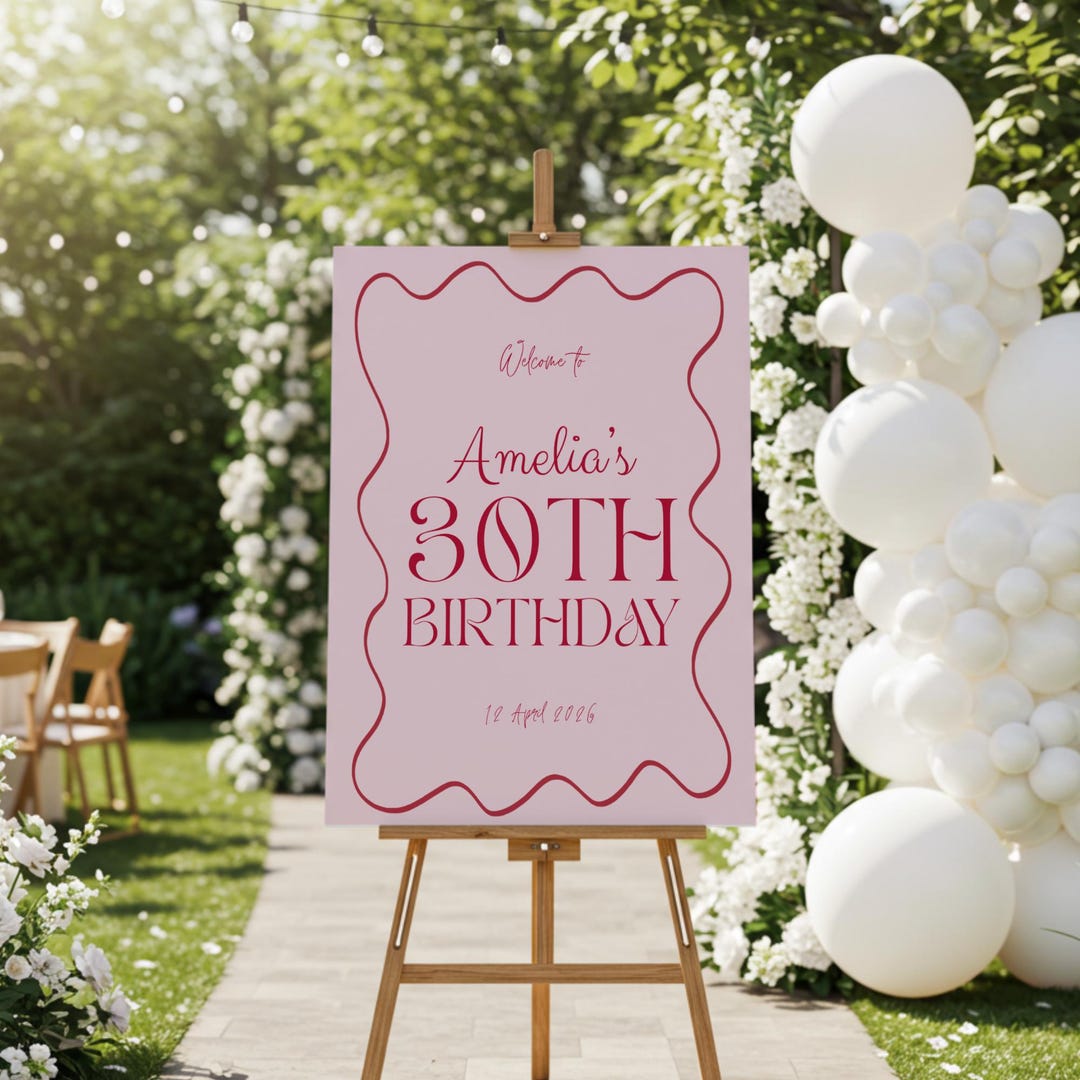 Wavy Border 30th Birthday Party Welcome Sign, Custom Modern Bold ...