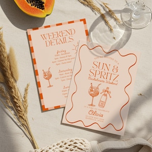 Sun And Spritz Bachelorette Invitation Itinerary, Aperol Spritz Hen Do, Tropical Bach, Wavy Hand Drawn Cocktail Party, Let&#39;s Get Spritzed