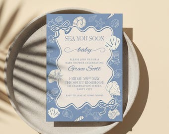 Sea You Soon Baby Shower Invite Template, Sea Shell Coastal Shower, Custom Gender Neutral Summer Invitation, Printable Ocean Theme Decor