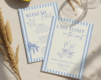 Plantilla de itinerario de fin de semana para despedida de soltera "Último brindis en la costa", invitación personalizada para despedida de soltera en la playa, invitación editable para despedida de soltera en la costa
