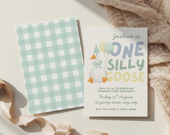 Editable One Silly Goose Birthday Invitation Template, Custom Boy 1st Birthday Green Gingham Invite, Illustrated Bow First Party Decoration