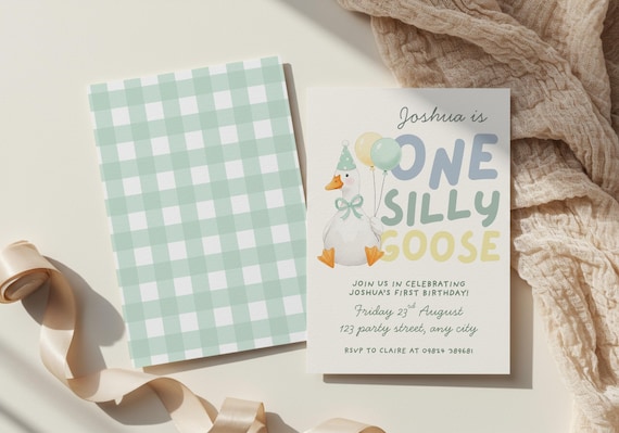 Editable One Silly Goose Birthday Invitation Template, Custom Boy 1st Birthday Green Gingham Invite, Illustrated Bow First Party Decoration
