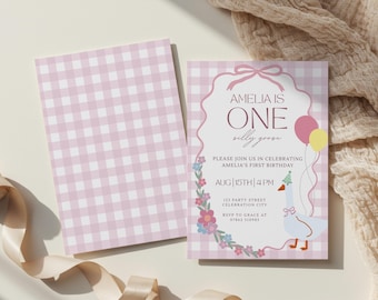 One Silly Goose Birthday Invitation Template, Girl 1st Birthday Pink Editable Invite, Printable Floral Bow Birthday Party Goose Invitation
