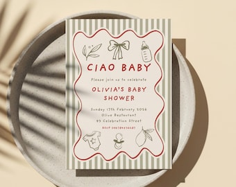 Anpassad Ciao babyshower-inbjudningsmall, redigerbar handritad illustrerad Evite, Bella Bambino sprinklerinbjudan, italienskt temafest