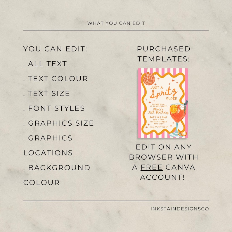 Op de afbeelding: Een sjabloonontwerp met de tekst "Just a Spritz Older" en details voor een 30e verjaardag. Het ontwerp bevat bewerkbare tekst, kleur en afbeeldingen en kan worden bewerkt in een gratis Canva-account.