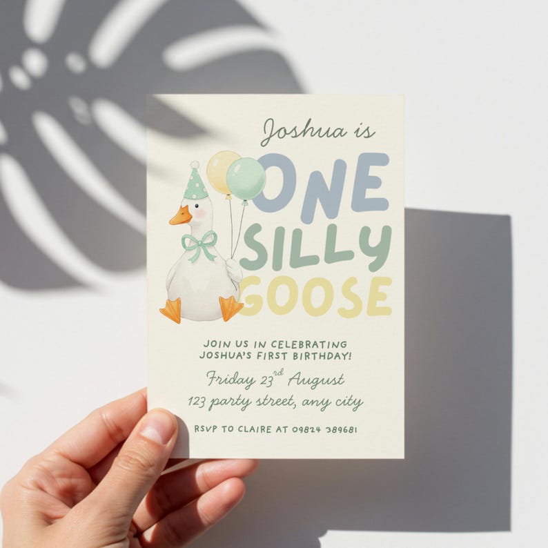May include: A birthday invitation featuring a cartoon goose holding balloons. The text reads "Joshua is ONE SILLY GOOSE" in blue, green, and yellow. Additional text includes the date, time, and RSVP information.