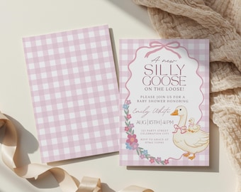 May include: Two rectangular baby shower invitation cards featuring a light pink and white gingham pattern. One card displays the text A NEW SILLY GOOSE ON THE LOOSE, an illustration of a goose with a gosling, and a floral border design.