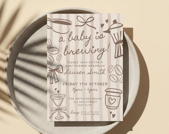 A Baby Is Brewing Shower Invite Template, Editable Coffee Theme Sprinkler Invitation, Custom Stationary Hand-Drawn Illustrated Party Decor