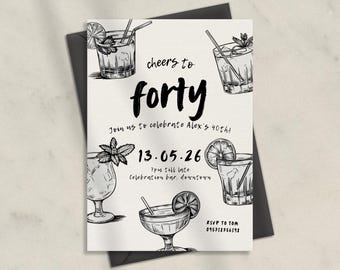 Editable Birthday Party Invitation Hand Drawn Scribble Cocktail Invitation, 21st, 30th, 40th , 50th Birthday Invite Printable Canva Template