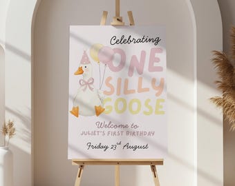 One Silly Goose Birthday Signage Custom Template, Girl 1st Birthday Pastel Pink Gingham, Printable Illustrated Goose Bow Sign Party Decor
