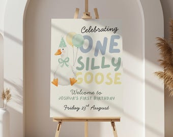 One Silly Goose Birthday Signage Custom Template, Boy 1st Birthday Green Gingham, Printable Illustrated Goose Bow Sign Party Decor