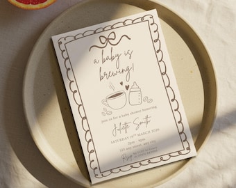 Coffee Baby Shower Invitation Template, Editable A Baby Is Brewing Invite, Hand Drawn Sprinkler Evite, Illustrated Cafe Themed Party Decor