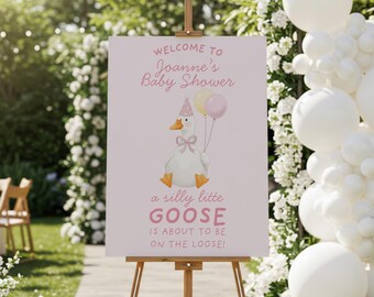 Silly Goose On The Loose Baby Shower Welcome Signage Template, Editable Gosling Illustrated Sign, Custom Pink Pastel Gingham Party Decor