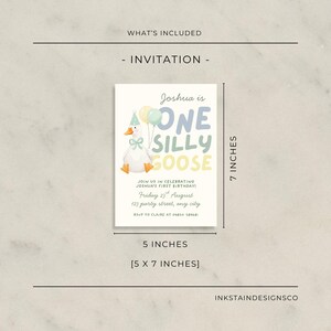 May include: A 5 x 7 inch invitation card with the text "Joshua is ONE SILLY GOOSE" and a cartoon goose illustration. The invitation includes details for a first birthday celebration, with a date, time, and RSVP information.