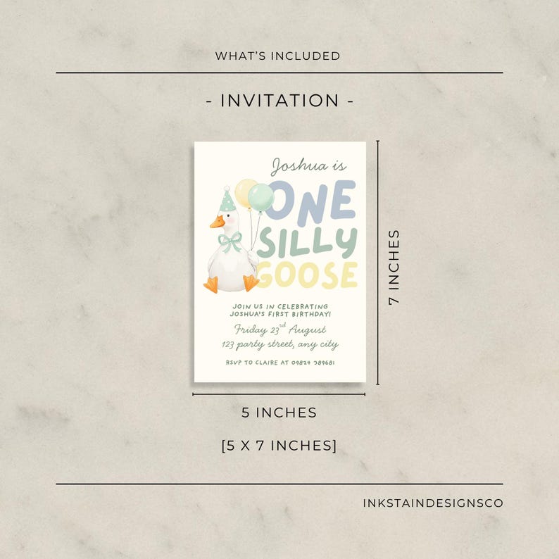 May include: A 5 x 7 inch invitation card with the text "Joshua is ONE SILLY GOOSE" and a cartoon goose illustration. The invitation includes details for a first birthday celebration, with a date, time, and RSVP information.