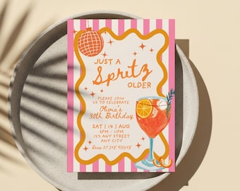 Cocktail verjaardagsuitnodiging sjabloon, handgetekende aangepaste feestuitnodiging, bewerkbare Italiaanse zomerdecoratie, gewoon een spritz ouder oranje Evite