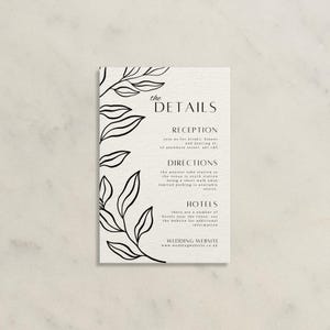 Hochzeitsdetailkarte, elegante Blumen Frisch vermählt laden Details ein, minimalistische Hochzeitseinladung Information Karte, druckbare Canva Vorlage [1]