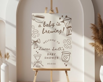 A Baby Is Brewing Shower Welcome Sign Template, Editable Coffee Theme Sprinkler Signage, Custom Hand-Drawn Illustrated Party Entrance Board