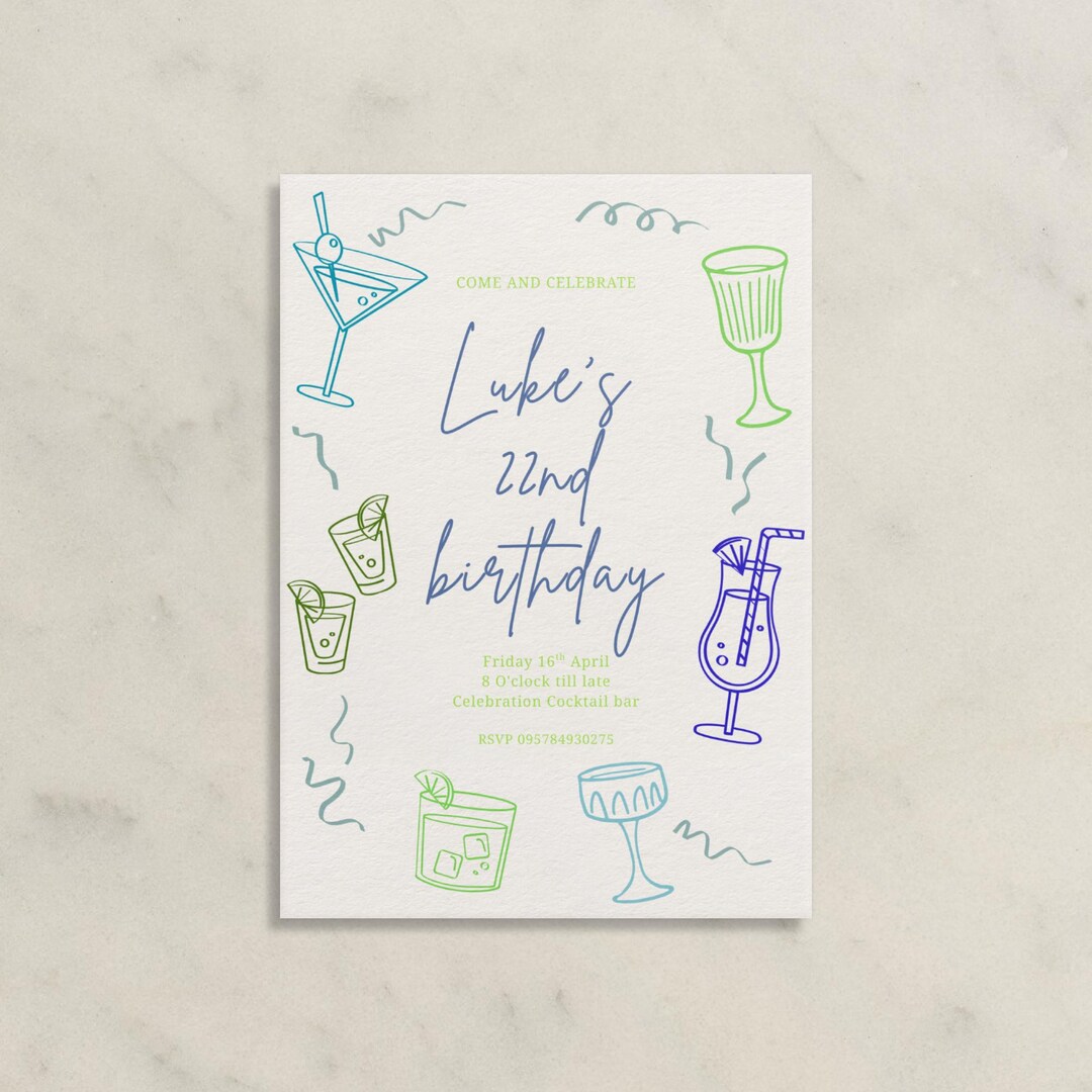 Editable Birthday Party Invite, Hand Drawn Scribble Cocktail Invitation ...