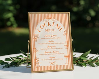 Modelo de placa para cardápio de bar de coquetéis, estação de Orange Spritz desenhada à mão, bebidas exclusivas, cardápio para despedida de solteira, placa de coquetéis exclusiva editável