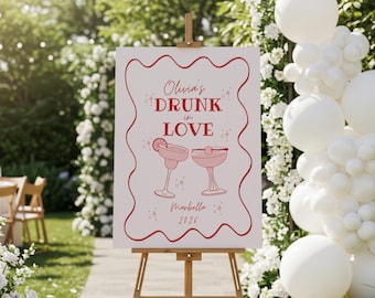 Drunk In Love Bachelorette Party, Bach Welcome Sign, Easel Welcome Sign, Pink Hens Wavy Border, Bride-To-Be Sign, Groovy Hen Do, Margs Bach