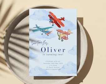 Editable Airplane Birthday Party Invite Template, Time Flies Boy First Flight Invitation, Vintage Plane Party Decor, Retro Aeroplane Theme