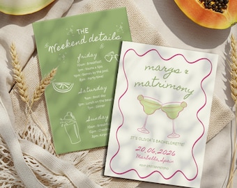 Margs and Matrimony vrijgezellenfeest, Margarita vrijgezellenfeest uitnodiging en reisschema sjabloon, laatste Fiesta tequila vrijgezellenfeest