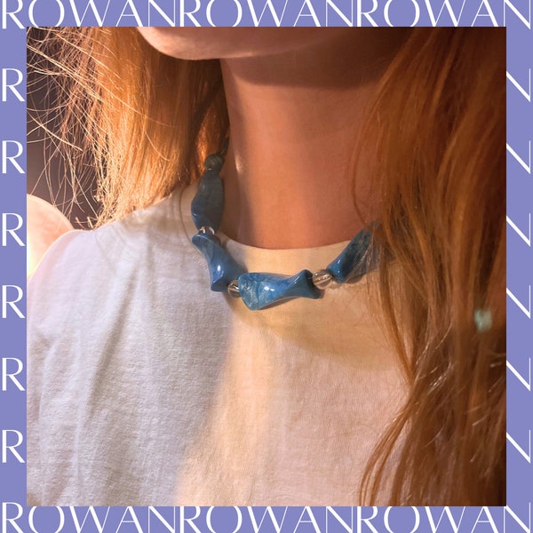 Handmade Recycled - Reused - Rematched Necklace Statement Blue