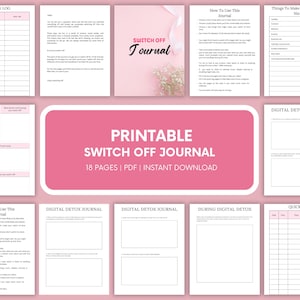 Könnte beinhalten: Ein druckbares "Switch Off Journal" mit 18 Seiten, verfügbar als PDF zum sofortigen Download. Das Journal hat rosa Akzente und enthält Abschnitte für digitale Entgiftung, Schnellprotokolle und Aufforderungen zur Selbstreflexion. Das Cover zeigt den Titel "Switch Off Journal".