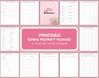 Könnte beinhalten: Ein druckbarer Mietobjektplaner mit 26 Seiten, verfügbar als PDF zum sofortigen Download. Der Planer enthält Abschnitte für Mieterdetails, Passwortverfolgung, Sicherheitsleistungen, Kontoverfolgung und mehr. Das Cover zeigt die Worte "Rental Property Planner".