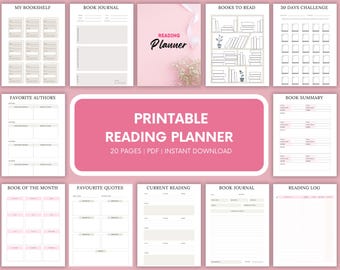 Può includere: Un pianificatore di lettura stampabile con un design rosa e bianco. Il pianificatore include pagine per una libreria, un diario di lettura, autori preferiti e una sfida di 30 giorni. Il testo "READING Planner" è visibile.