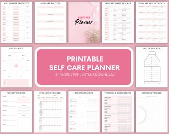 Könnte beinhalten: Ein druckbarer Selbstpflegeplaner mit Seiten für Hautpflegeroutinen, Gewohnheits-Tracker und Wochenjournale. Der Planer hat ein rosa und weißes Farbschema und enthält den Text "SELF CARE Planner".