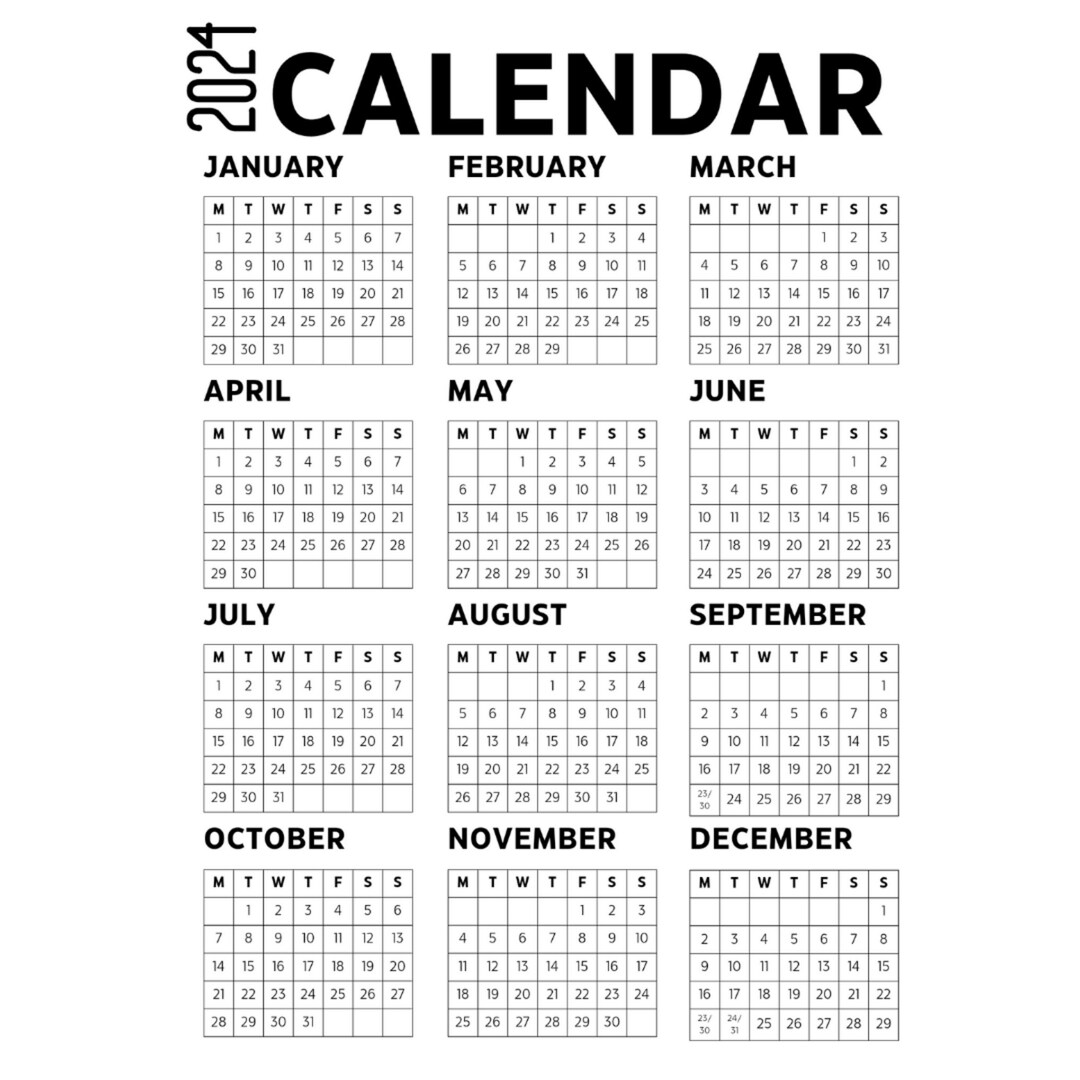 2024 Calendar, New Year Calendar, Printable Calendar, Transparent