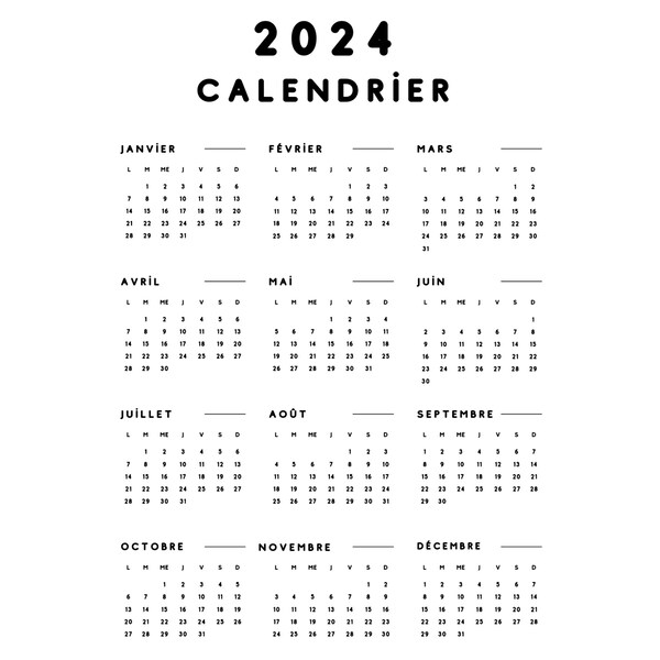 French calendar, Calendar 2024, 2024 Calendrier Imprimible, Calendrier Mensuel, Calendar in French Language Français, Instant Download PDF