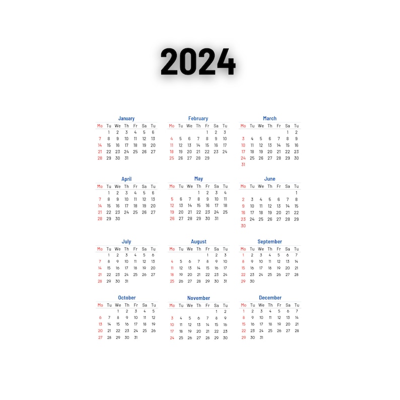 Calendar 2024, 2024 Calendar Png, Yearly Calendar 2024, Vertical