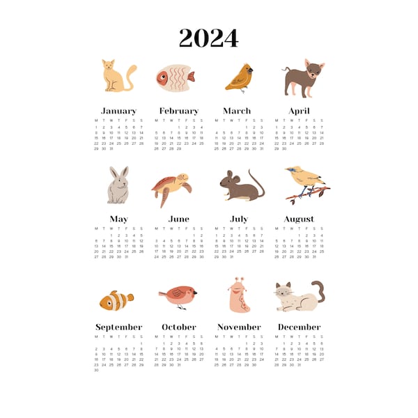 cute animal calender, printable calendar, Monthly planner schedule, instant download