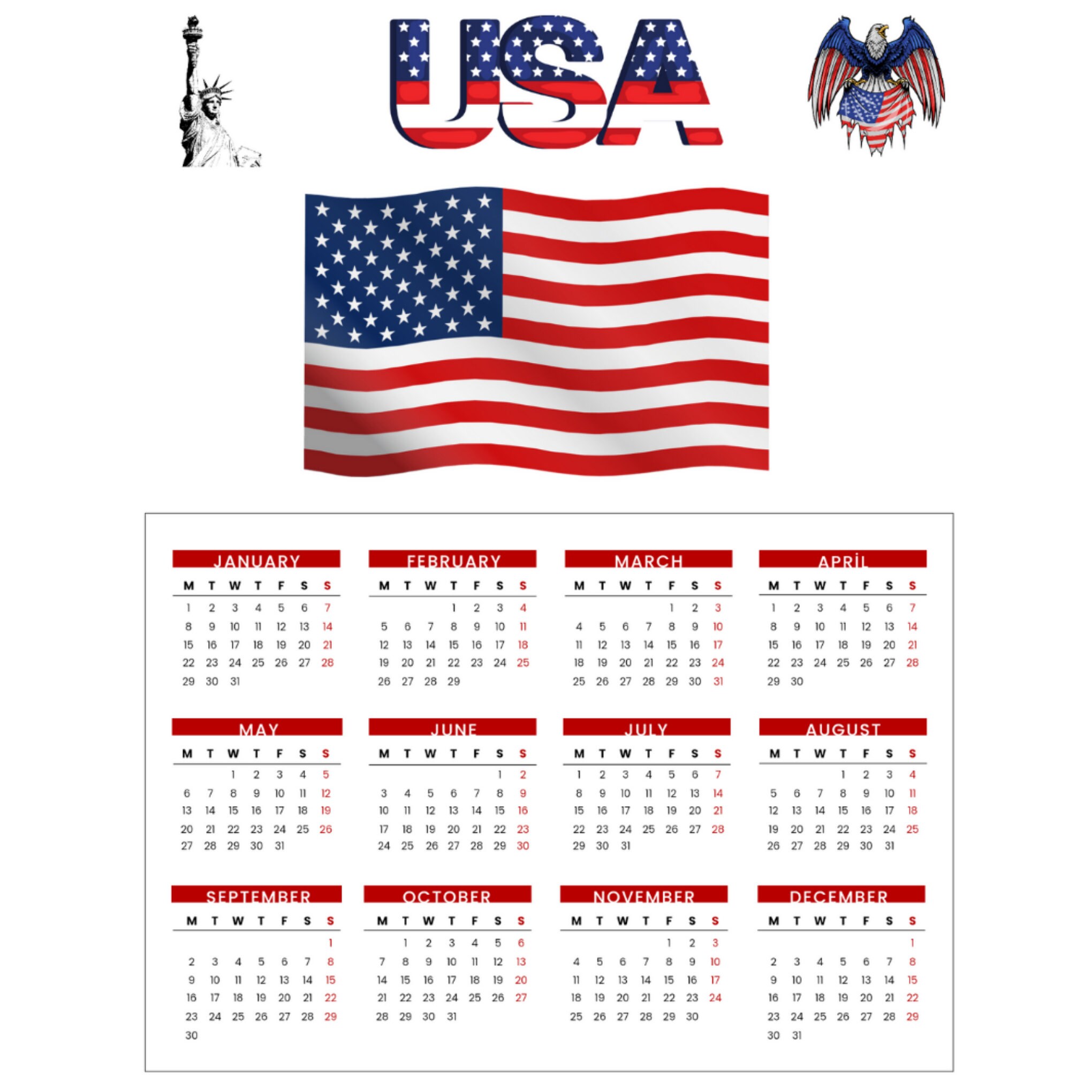 American Calendar 2024, Usa Calendar 2024, 2024 Calendar Png, New Year