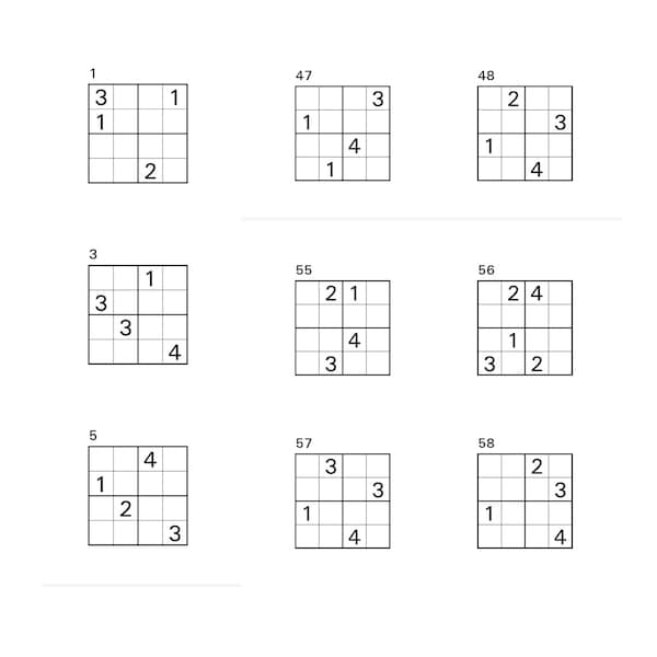 Sudoku facile 4 x 4, 60 pièces de sudoku, Sudoku pour enfants, activités pour enfants, jeux mathématiques, jeux à imprimer, téléchargement immédiat, téléchargement PDF, minimaliste