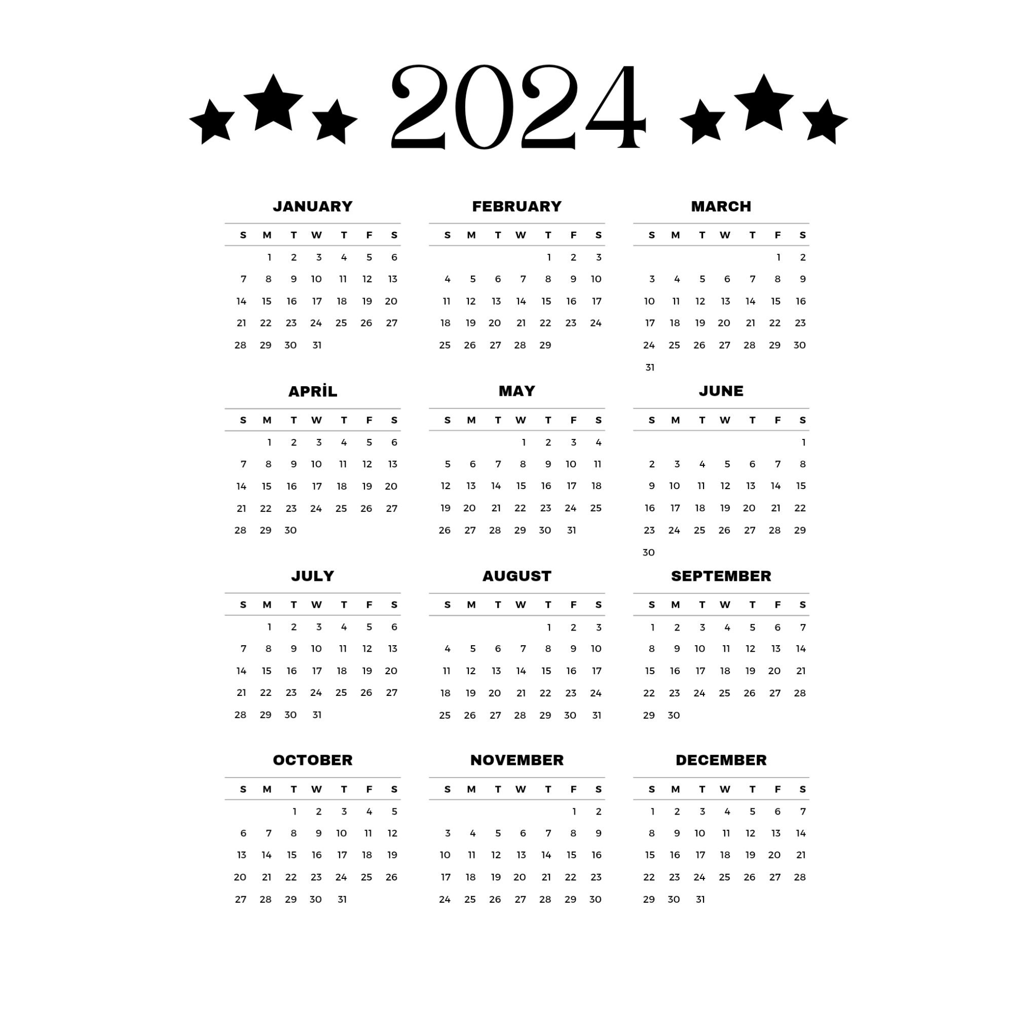 2024 Calendar, New Year Calendar 2024, Printable Planner, Instant Download Etsy