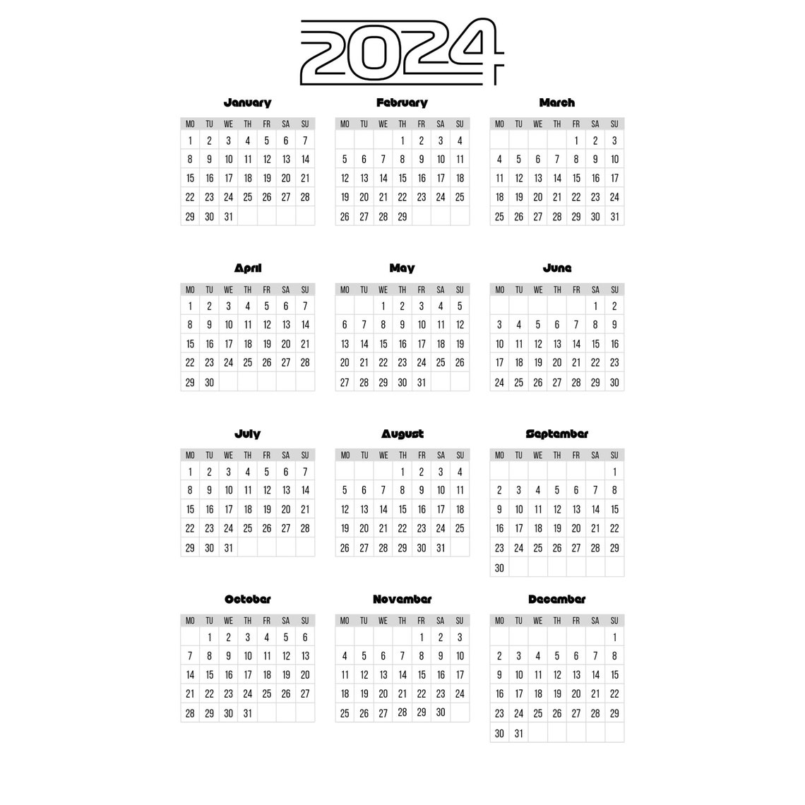2024 Calendar, New Year Calendar Png, Printable Calendar, Yearly ...