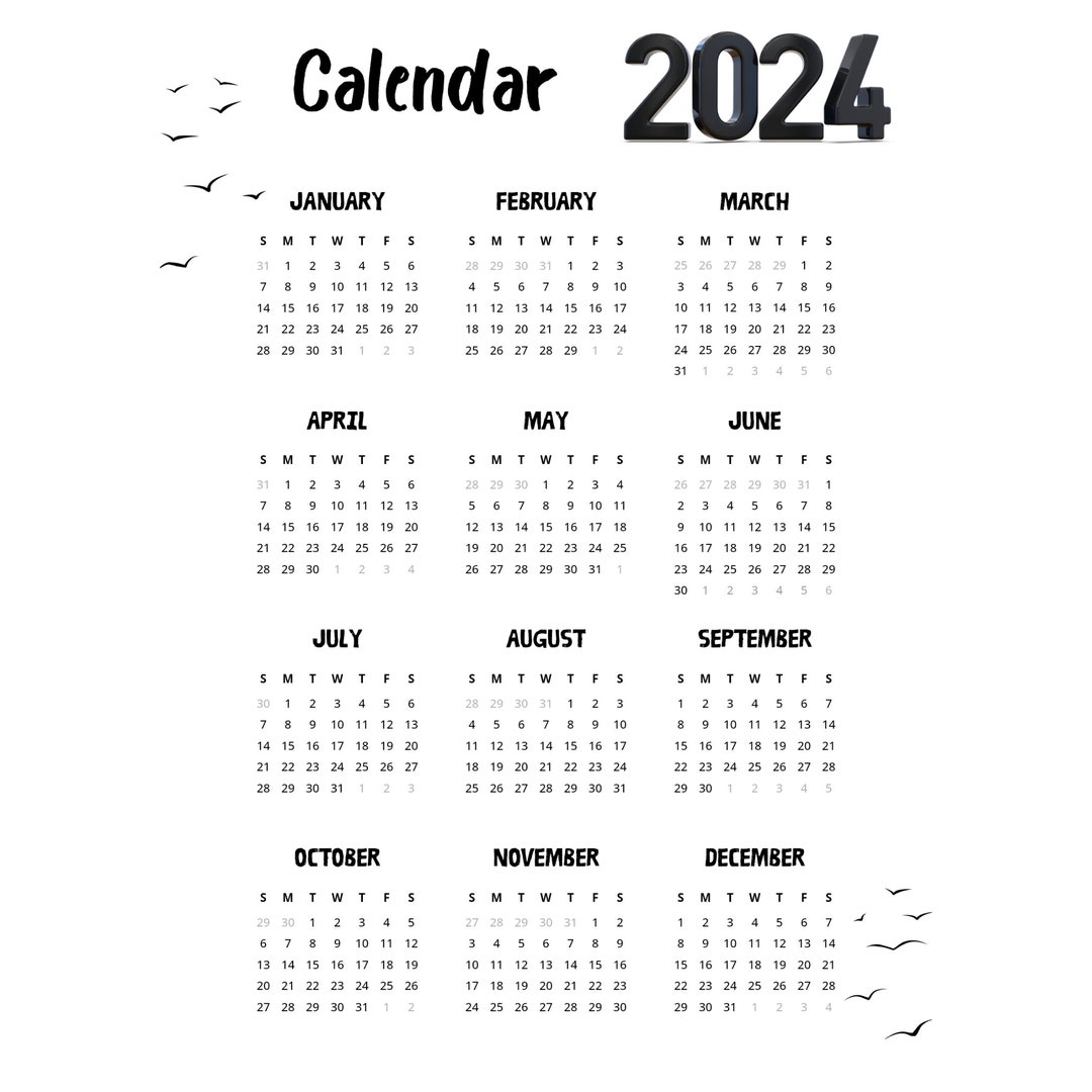 2024 Calendar, 2024 Calendar Png, Printable Calendar, Instant Download