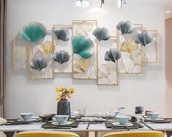 Gold & Teal Metal Ginkgo Leaf Wall Art | Modern Floral Decor
