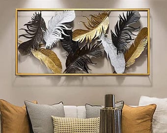 Metal Feather Wall Art | Gold, Black, Silver, Modern Home Decor (50x25 Inches)