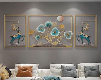 Gold Deer Floral Metal Wall Art, 3 Panel Modern Home Decor
