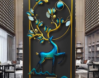 Gold & Blue Deer Metal Wall Art, Modern Luxury Home Decor