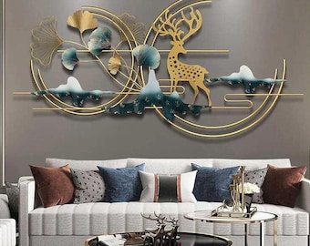 Gold Metal Deer Wall Art – Abstract Ginkgo Leaf Decor (48x24 Inch)