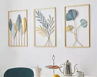Gold Framed Metal Leaf Wall Art, Modern Botanical Set of 3