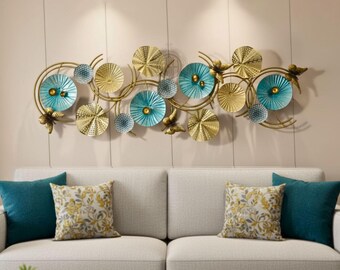 Large Gold & Teal Metal Wall Art, Abstract Floral Sculpture, 52 Inch