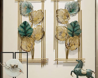 Gold Leaf Metal Wall Art, Teal Botanical Sculpture, Modern Home Decor